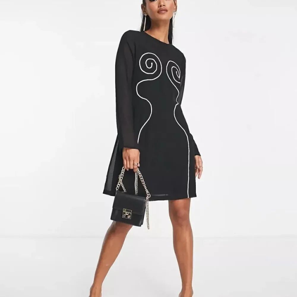 ASOS Topshop long sleeve swirl contrast stitch detail mini dress in black Size 4